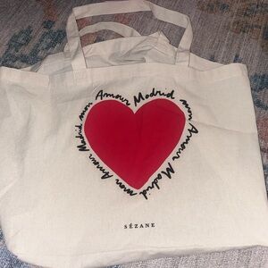 Sézane Madrid Cream Tote Bag with Red Heart